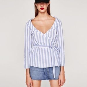 Zara v-neck Striped Long Sleeve Wrap Blouse Medium